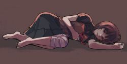  1girl amakura_mayu arm_up bandaged_leg bandages barefoot black_shirt black_skirt bob_cut brown_background brown_camisole brown_eyes brown_hair camisole camisole_over_clothes commentary fatal_frame fatal_frame_ii:_crimson_butterfly frilled_skirt frills full_body fuu_(fuu05051) hand_on_own_chest hand_up highres looking_at_viewer lying miniskirt on_side parted_lips red_ribbon ribbon shadow shirt short_hair short_sleeves simple_background skirt solo 