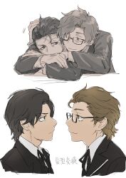  2boys black-framed_eyewear black_hair black_jacket brown_hair closed_mouth commentary_request dress_shirt face-to-face from_side gekkoukan_high_school_uniform glasses hiraga_keisuke hug hug_from_behind isa_(peien516) jacket male_focus multiple_boys multiple_views neck_ribbon odagiri_hidetoshi persona persona_3 rectangular_eyewear ribbon school_uniform shirt short_hair simple_background translation_request white_background white_shirt 