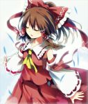  bow brown_hair closed_eyes detached_sleeves gochou_(comedia80) hair_bow hakurei_reimu long_hair outstretched_arms ponytail sarashi solo spread_arms touhou 