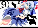  atuuy blue_eyes blue_hair bow cirno dress hair_bow solo sukage symbol-shaped_pupils touhou wink ⑨ 