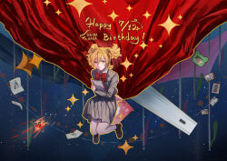  1girl absurdres arm_behind_back arsum0731 blonde_hair blue_background book bow bowtie breast_pocket brown_shoes character_name closed_mouth collared_shirt commentary crown crying crying_with_eyes_open curtains daiba_nana dated full_body gradient_background green_eyes grey_jacket grey_skirt hair_between_eyes hair_ribbon hand_up happy_birthday highres holding holding_book holding_notebook hugging_book hugging_object invisible_chair jacket knees_together_feet_apart light_particles loafers long_sleeves looking_at_viewer mini_crown miniskirt notebook open_clothes open_jacket outline photo_(object) picture_frame pleated_skirt pocket red_bow red_bowtie ribbon school_uniform seisho_music_academy_school_uniform shirt shoes short_hair short_twintails shoujo_kageki_revue_starlight sitting skirt smile solo sparkle stage_curtains tears twintails white_shirt yellow_outline yellow_ribbon 