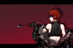  1boy ahoge arm_strap black_coat black_gloves black_shirt blue_eyes blue_streaks coat coat_partially_removed commentary_request crop_top from_side fur_trim gloves highres holding holding_smoking_pipe just_passerbyc letterboxed looking_at_viewer looking_back male_focus multicolored_hair red_hair shirt sleeveless sleeveless_shirt smoking_pipe streaked_hair sumino_takumi the_hundred_line_-last_defense_academy- 