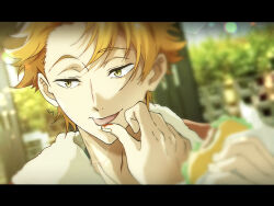  1boy burger character_request close-up commentary_request fingernails floating_hair food free! hands_up highres holding holding_burger holding_food letterboxed male_focus orange_hair outdoors short_hair solo tongue tongue_out yaeta_(t923) 