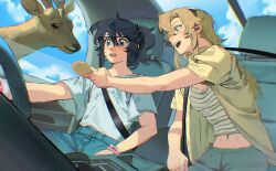  2girls black_hair black_headband blonde_hair blue_eyes bracelet car_interior deer deer_cracker denim headband heart-shift_bracelets highres jacket jeans jewelry jiguang_haibao koishikawa_iko long_hair momijiyama_teru multiple_girls navel open_clothes open_jacket open_mouth pants scar scar_across_eyebrow scar_on_face seatbelt semi-rimless_eyewear shirt short_hair shy_(series) striped_clothes striped_shirt teeth upper_teeth_only white_shirt yellow_eyes yellow_jacket 