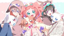 1boy 2girls :d animal animal_hood black_hair blue_pants brown_hair brown_hoodie cat cat_hood closed_mouth commentary_request dog dog_hood glasses green_eyes holding holding_animal holding_cat holding_dog holding_rabbit hood hood_up hoodie inukai_iroha inukai_komugi inukai_komugi_(dog) long_hair long_sleeves looking_at_viewer medium_hair multiple_girls nekoyashiki_mayu nekoyashiki_yuki nekoyashiki_yuki_(cat) open_mouth orange_hair pants precure rabbit rabbit_hood red-framed_eyewear serizawa_serizane short_hair smile toyama_daifuku toyama_daifuku_(rabbit) toyama_satoru violet_eyes white_pants wonderful_precure! 