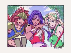 1girl 2boys abs ammsp722 armor bare_shoulders blonde_hair blue_eyes blue_shirt border braid breasts commentary_request crop_top dagger dress duran_(seiken_densetsu_3) forehead_jewel green_armor green_dress green_helmet hair_slicked_back hawkeye_(seiken_densetsu_3) headband helmet holding holding_dagger holding_knife holding_weapon knife long_hair medium_breasts midriff multiple_boys one_eye_closed open_mouth outdoors parted_bangs parted_lips pink_headband purple_hair red_eyes red_hair red_tunic riesz seiken_densetsu seiken_densetsu_3 shirt shoulder_armor sideboob sidelocks single_braid smile tan tunic twitter_username violet_eyes weapon white_border winged_headwear 