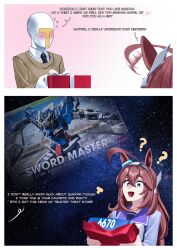  1boy 1girl ? absurdres ahoge animal_ears black_necktie blue_eyes blush bow bowtie box brown_hair brown_sweater_vest character_request collared_shirt commentary confused english_text gift gift_box grey_hairband gundam hair_between_eyes hairband highres holding holding_box horse_ears horse_girl long_hair manjo_(warito) mihono_bourbon_(umamusume) necktie open_mouth purple_sailor_collar purple_shirt sailor_collar sailor_shirt school_uniform shirt silver_hairband smile sweater_vest t-head_trainer_(umamusume) tracen_school_uniform trainer_(umamusume) umamusume white_bow white_bowtie white_shirt 