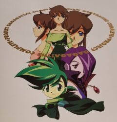  1girl 2boys amami_mamoru blue_eyes brown_hair commentary_request cropped_shoulders cropped_torso dress dress_under_shirt fukano_youichi green_dress green_eyes green_hair green_shirt hair_over_one_eye highres jewelry kaidou_ikumi multiple_boys multiple_views necklace official_art one_eye_covered pink_shirt purple_hair shirt shishiou_kizuna short_hair simple_background traditional_media violet_eyes white_background yuusha_ou_gaogaigar yuusha_series 