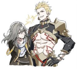  1boy 1girl abs armor arms_behind_back belt black_gloves black_jacket black_shirt black_skirt blonde_hair body_markings chain chain_around_arm closed_mouth collarbone commentary earrings fate/stay_night fate/unlimited_blade_works fate_(series) faulds gilgamesh_(fate) gilgamesh_(honkai:_star_rail)_(fate) gloves gold_armor gold_earrings grey_belt grey_hair hair_between_eyes hand_on_own_hip honkai:_star_rail honkai_(series) jacket jewelry kano_kano_777 lapels long_hair long_sleeves looking_at_another muscular muscular_male open_clothes open_jacket open_mouth pectorals red_eyes shirt short_hair shoulder_armor sidelocks simple_background skirt smile spiky_hair stelle_(honkai:_star_rail) t-shirt tassel teeth trailblazer_(honkai:_star_rail) untranslatable_commentary white_background white_shirt yellow_eyes 