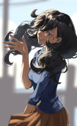  1girl absurdres black_hair blue_eyes blurry blurry_background commission emma_(pokemon) hand_up highres kani_(ympe4782) looking_at_viewer mixed-language_commentary open_mouth orange_skirt pixiv_commission pokemon pokemon_x_and_y skirt smile solo 