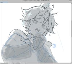  1boy art_program_in_frame art_program_request coat cold collared_shirt commentary_request earmuffs fur_trim highres kagamine_len lineart looking_down makka_potato monochrome necktie open_mouth own_hands_together shirt short_hair simple_background sketch snowflake_print solo teeth upper_body upper_teeth_only user_interface vocaloid white_background 