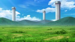  absurdres artist_request blue_sky bush clouds day field game_asset grass highres landscape mountain no_humans outdoors scenery sky third-party_source touhou touhou_spell_carnival tower 