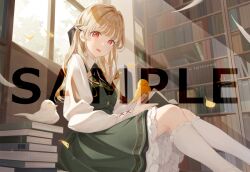  1girl bird blonde_hair book book_stack bookshelf commentary_request dress green_dress kinako_(shiratama_mochi) kogara_toto long_hair looking_at_viewer official_art open_book red_eyes sample_watermark second-party_source solo thigh-highs virtual_youtuber vspo! watermark white_thighhighs 