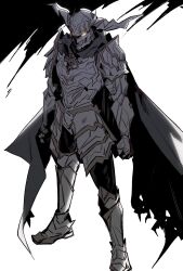  1boy armor black_armor black_cape cape fake_horns final_fantasy full_body garbage_paper glowing glowing_eyes helmet highres horned_helmet horns jack_garland male_focus shoulder_armor simple_background solo standing stranger_of_paradise:_final_fantasy_origin torn_cape torn_clothes 