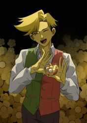  1boy blonde_hair brown_pants closed_eyes collared_shirt colored_skin commentary_request cowboy_shot deltarune flowery_(deltarune) heart heart_hands highres male_focus pants shirt short_hair smile solo sparkle teeth ttadanopeople two-tone_vest upper_teeth_only utdr_(toby_fox) white_shirt yellow_skin 