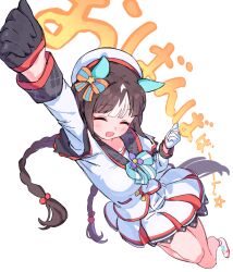  1girl animal_ears arm_up asymmetrical_gloves baragombaragombaragon beret black_gloves blush bow braid breasts brown_hair closed_eyes commentary_request ear_covers gloves half_gloves hat highres hokko_tarumae_(star_light_ship)_(umamusume) hokko_tarumae_(umamusume) horse_ears horse_girl horse_tail jacket long_hair medium_breasts mismatched_gloves multicolored_hair open_mouth plaid_clothes plaid_sailor_collar sailor_collar shoes skirt smile solo striped_bow striped_hair tail twin_braids umamusume very_long_braid white_gloves white_hair white_hat white_jacket white_shoes white_skirt 