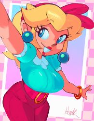  1girl aqua_shirt belt blonde_hair blue_eyes breasts earrings hairband high-waist_pants highres homar_simpleton jewelry mario_kart mario_kart_world pants pink_belt pink_hairband pink_pants pink_ribbon princess_peach princess_peach_(sightseeing) puffy_short_sleeves puffy_sleeves ribbon shirt short_sleeves smile sphere_earrings super_mario_bros. updo 