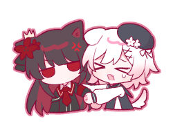  >_< 2girls anger_vein animal_ears beret black_coat black_hair black_hat black_shirt cat_ears chibi coat collared_coat collared_shirt cosplay crown dog_ears fang flower gradient_hair hair_flower hair_ornament hat hat_flower hat_ribbon kemonomimi_mode long_hair long_sleeves mahou_shoujo_no_majo_saiban mini_crown multicolored_hair multiple_girls necktie nikaido_hiro nikaido_hiro_(cosplay) open_mouth outline pink_hair pink_outline red_eyes red_flower red_necktie ribbon sakuraba_ema shirt short_hair simple_background sleeveless sleeveless_coat touming_jun white_background white_flower white_hair white_shirt white_sleeves x_hair_ornament 