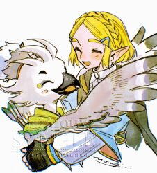  1boy 1girl artist_name bird_boy black_cloak black_gloves blonde_hair blue_shirt blush_stickers braid cloak closed_eyes crown_braid fingerless_gloves furry furry_male gloves green_neckerchief hair_ornament hairclip highres hug layered_sleeves mouyi neckerchief open_mouth parted_bangs princess_zelda quiver rito sample_watermark shirt short_hair sidelocks signature single_blush_sticker smile the_legend_of_zelda the_legend_of_zelda:_tears_of_the_kingdom thick_eyebrows tulin_(zelda) watermark white_background 