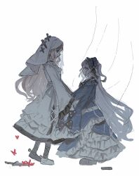  2girls bare_shoulders bib_collar black_ribbon blonde_hair blue_dress blue_hairband bow bug butterfly commentary cross cross_earrings cross_ornament dress dress_bow earrings frilled_dress frilled_hairband frilled_sleeves frills full_body gloves gothic_lolita grey_eyes hair_ribbon hairband highres hikami_meruru inagoinaire jewelry knife lolita_fashion lolita_hairband long_hair long_sleeves mahou_shoujo_no_majo_saiban multiple_girls natsume_an-an necklace off-shoulder_dress off_shoulder polka_dot polka_dot_bow priestess puppet_strings red_butterfly ribbon shoes simple_background sleeve_bow sleeves_past_fingers sleeves_past_wrists slippers untranslatable_commentary veil violet_eyes white_background white_dress white_gloves white_hair white_shoes white_slippers white_veil wide_sleeves 