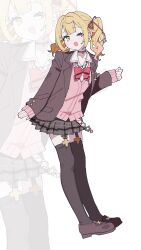  >_o 1girl absurdres black_skirt black_thighhighs blazer blonde_hair bow bowtie brown_choker brown_jacket brown_shoes cardigan choker collared_shirt commentary film_grain full_body garter_straps gradient_hair hair_ribbon highres hoshikawa_sara hoshikawa_sara_(4th_costume) jacket lapels loafers long_sleeves medium_hair miniskirt multicolored_hair nijisanji notched_lapels one_eye_closed open_clothes open_jacket open_mouth pink_cardigan pink_hair plaid_clothes plaid_skirt pleated_skirt red_bow red_bowtie red_ribbon ribbon school_uniform shirt shoes skirt sleeves_past_wrists smile solo thigh-highs twintails two-tone_hair virtual_youtuber white_shirt yellow_eyes zezezezennte zoom_layer 