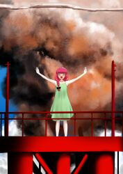  1girl absurdres arms_up black_bow blue_sky blunt_bangs bocchi_the_rock! bow braid closed_eyes commentary_request dress full_body green_dress hair_bow hair_over_shoulder highres hiroi_kikuri isago_ganma long_hair mousou_dairinin mushroom_cloud open_mouth outstretched_arms parody red_hair sharp_teeth single_braid sky smile solo spread_arms standing sundress teeth tower 