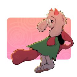  1boy arms_behind_back barefoot closed_mouth commentary deltarune floppy_ears furry furry_male goat_horns green_robe highres horns looking_down looking_to_the_side pawpads pink_horns pink_scarf ralsei robe round_eyewear scarf sking_fang untranslatable_commentary utdr_(toby_fox) white_fur yeti_neve 