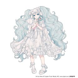  1girl aqua_eyes artist_name bow commentary_request company_name copyright_notice dress frilled_dress frills full_body grey_hair hair_bow hatsune_miku heart highres holding holding_stuffed_toy holding_wand ixima long_hair looking_at_viewer official_art second-party_source simple_background sleep_mask slippers socks solo stuffed_animal stuffed_toy teddy_bear twintails very_long_hair vocaloid wand web_address white_background white_bow white_dress white_slippers white_socks 