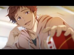 1boy brown_hair character_request commentary_request drawstring fingernails free! hand_up highres hood hooded_jacket jacket letterboxed looking_at_viewer male_focus open_mouth short_bangs short_hair signature solo violet_eyes yaeta_(t923) 