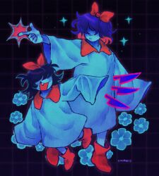  1girl 1other :d aqua_(deltarune) aqua_(deltarune)_(cosplay) aqua_dress aqua_flower aqua_skin blue_skin bow closed_mouth collar colored_inner_hair colored_skin commentary cosplay covered_eyes deltarune dress english_commentary fang flower full_body grid_background hair_over_eyes head_bow highres kanarii_91 kitchen_knife knife kris_(dark_world)_(deltarune) kris_(deltarune) matching_outfits multicolored_hair open_mouth pointing red_bow red_collar red_hair red_shoes shoes signature sleeves_past_fingers sleeves_past_wrists smile sparkle too_many too_many_knives utdr_(toby_fox) 
