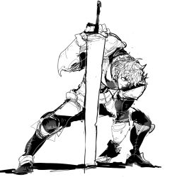  1boy :| arm_guards arm_up armor closed_mouth commentary_request determined ex_albio ex_albio_(1st_costume) fingerless_gloves full_body gloves greatsword greaves greyscale holding holding_sword holding_weapon hunched_over legs_apart looking_ahead male_focus monochrome nijisanji oshaka_(haguki) pauldrons planted planted_sword poleyn short_hair shoulder_armor simple_background sketch standing sword virtual_youtuber weapon 