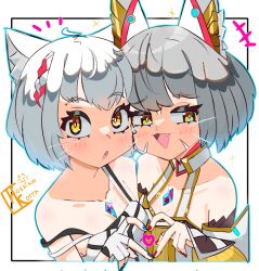  2girls :3 animal_ears camisole cat_ears cheek-to-cheek chest_jewel ear_covers facial_mark fang grey_hair heads_together heart heart_hands heart_hands_duo highres hoshinokotta mio_(xenoblade) mother_and_child mother_and_daughter multiple_girls nia_(xenoblade) parent_and_child strap_slip whisker_markings xenoblade_chronicles_(series) xenoblade_chronicles_3 yellow_eyes 