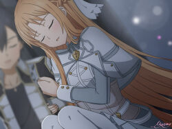  1boy 1girl asuna_(sao) black_hair blush closed_eyes commentary_request highres kirito long_hair mysteryctu open_mouth orange_hair short_hair sitting sleeping sword_art_online 