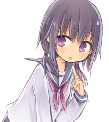  1girl :o amakaze_sora grey_hair grey_sailor_collar grey_skirt hair_between_eyes hair_over_shoulder long_hair low_twintails original parted_lips pointing sailor_collar school_uniform serafuku shirt simple_background skirt solo twintails violet_eyes white_background white_shirt 