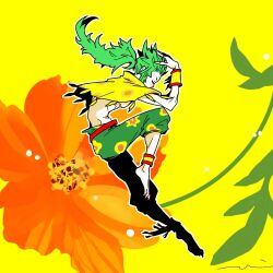  1boy barefoot capelet clawed_feet closed_eyes final_fantasy final_fantasy_vi floating flower gau_(ff6) green_hair green_pants hand_in_own_hair long_hair male_focus midriff mochi_(hanamaruudondesu) orange_flower pants pointy_ears ponytail print_pants sidelocks solo yellow_background yellow_capelet 