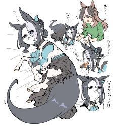  :< animal animal_ears animalization aqua_ascot ascot black_hair blue_ascot braid braided_bun brown_hair casual closed_eyes closed_mouth clothed_animal commentary_request earrings green_shirt green_sweater hair_bun highres horse_ears horse_girl horse_tail jewelry long_hair long_sleeves mejiro_ramonu_(onyx_line)_(umamusume) mejiro_ramonu_(umamusume) mole mole_under_eye mouth_hold multicolored_hair open_mouth shirt single_earring streaked_hair striped_hair sweat sweater symboli_rudolf_(casual)_(umamusume) symboli_rudolf_(umamusume) tail takatsuki_nato two-tone_hair umamusume white_hair 