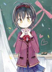  1girl ahoge amakaze_sora black_hair blazer blue_skirt blush bow brown_bow brown_eyes brown_hairband chalkboard closed_mouth collared_shirt commentary_request curtains dress_shirt envelope hair_between_eyes hairband hands_up heart idolmaster idolmaster_cinderella_girls indoors jacket kohinata_miho looking_at_viewer love_letter love_letter_(idolmaster) plaid_bow plaid_clothes plaid_skirt pleated_skirt purple_jacket red_bow school_uniform shirt short_hair skirt smile solo white_shirt 