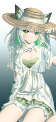  1girl absurdres adjusting_clothes adjusting_headwear alternate_costume animal_ears arknights arknights:_endfield cat_ears cat_tail closed_mouth commentary_request dress gradient_background green_dress green_eyes green_hair grey_hair hat highres long_hair looking_at_viewer on_floor rui_(rei_leyi) short_sleeves simple_background sitting smile solo straw_hat tail white_dress white_hair 