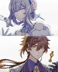  1boy 1girl anastasya_feodorovna_snezhnaya artist_name backlighting bare_shoulders black_gloves black_jacket blue_cape blue_eyes braid braided_bun brown_hair cape closed_mouth collared_shirt commentary_request covered_collarbone cropped_shoulders cross-diamond-shaped_pupils crystal_hair_ornament detached_collar earrings eyelashes eyeshadow floating_hair fur-trimmed_cape fur_trim gem genshin_impact gloves gnosis_(genshin_impact) grey_hair hair_between_eyes hair_bun hair_ornament hand_up jacket jewelry kokoshnik lapels long_hair looking_at_viewer low_ponytail makeup mkr_1207 necktie open_clothes open_jacket orange_gem pendant pointy_ears ponytail red_eyeshadow shirt short_hair_with_long_locks sidelocks simple_background single_earring sparkle symbol-shaped_pupils tassel tassel_earrings watermark white_background white_gloves white_necktie white_shirt yellow_eyes yellow_gem zhongli_(genshin_impact) 