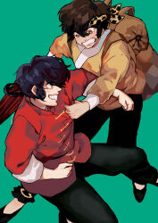  2boys absurdres bandana black_hair black_pants black_shoes braid brown_eyes brown_hair chinese_clothes clenched_hand clenched_teeth clothes_grab commentary english_commentary grabbing_another's_shirt green_background grey_eyes grin hibiki_ryouga highres male_focus multiple_boys pants ranma_1/2 saotome_ranma saotome_ranma_(male) shoes short_hair single_braid smile tangzhuang teeth wakuseiwb yellow_bandana 