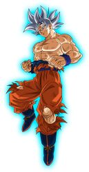  1boy artist_request blue_boots boots clenched_hands closed_mouth dragon_ball dragon_ball_heroes grey_eyes grey_hair highres muscular muscular_male official_art orange_pants pants sanpaku solo son_goku spiky_hair topless_male torn_clothes torn_pants transparent_background ultra_instinct wrist_cuffs 