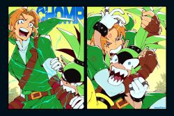  1girl 2boys 3boys anger_vein angry belt biting black_border blonde_hair blue_eyes border brown_gloves crossover electricity fighting fingerless_gloves furry furry_male gloves grabbing_another's_hair green_hair green_tunic hat highres holding_another's_hair jewelry link male_focus multiple_boys open_mouth pointy_ears ring sharp_teeth sonic_(series) sonic_the_hedgehog_(idw) surge_the_tenrec teeth the_legend_of_zelda the_legend_of_zelda:_ocarina_of_time trizziefrizzie tunic white_gloves 