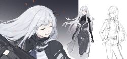  absurdres ak-12 ak-12_(girls'_frontline) ak-12_(lucia)_(girls'_frontline) ak-12_(mod3)_(girls'_frontline) assault_rifle black_mask business_suit chinese_commentary closed_eyes commentary_request flower-moonbanquetmeow formal_clothes girls_frontline grey_hair gun highres kalashnikov_rifle long_hair long_sleeves mask mechanical_arms mechanical_eyes mouth_mask official_alternate_costume official_alternate_hairstyle open_mouth pants rifle smile suit tactical_clothes unworn_mask weapon 
