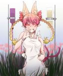  apron braid cat_ears closed_eyes fang flower higanbana kaenbyou_rin koutamii long_hair naked_apron pointy_ears red_hair redhead spider_lily touhou twin_braids twintails 