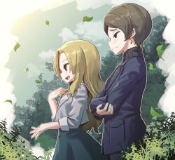  2girls :d arinu blonde_hair blue_jacket brown_eyes brown_hair character_request closed_mouth commentary_request copyright_request cowboy_shot falling_leaves from_side grass green_skirt highres jacket leaf long_hair long_sleeves multiple_girls open_mouth outline shirt short_hair skirt smile white_outline white_shirt 