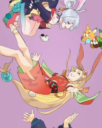  3girls absurdres animal_ears backless_kimono blonde_hair blue_kimono blue_nails blush cho_kaguya-hime! closed_eyes colored_extremities commentary egasumi english_commentary falling fushi_(cho_kaguya-hime!) grey_hair hair_rings highres inudoge japanese_clothes kaguya_(cho_kaguya-hime!) kaguya_(tsukuyomi)_(cho_kaguya-hime!) kimono long_hair low-tied_long_hair multiple_girls nail_polish off_shoulder open_mouth outstretched_arm pink_hair pink_shoes pom_dovu purple_background rabbit_ears rabbit_girl rabbit_tail runami_yachiyo runami_yachiyo_(tsukuyomi) sakayori_iroha sakayori_iroha_(tsukuyomi) shide shoes simple_background tail twintails 