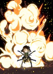  1girl \n/ black_background black_coif black_pantyhose black_skirt blue_shirt brown_hair closed_mouth coppelia_(reverse:1999) crossed_arms dot_mouth explosion explosion_background full_body green_eyes highres instrument legs_apart looking_at_viewer pantyhose reverse:1999 shirt skirt solo standing ziyunshanding 