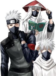  1boy black_eyes black_gloves black_shirt book cloak commentary_request fingerless_gloves forehead_protector gloves grey_hair hair_between_eyes hat hatake_kakashi highres hokage holding holding_book icha_icha_(naruto) konohagakure_symbol korean_commentary long_sleeves looking_at_viewer male_focus mask mikanyuku mouth_mask multiple_views naruto:_the_last naruto_(series) open_book red_hat scar scar_across_eye scar_on_face shirt short_hair white_background white_cloak 