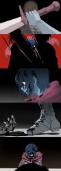  2others absurdres armored_boots black_blood blood blue_hair blue_skin boots brown_hair cape chinese_commentary colored_blood colored_skin commentary_request deltarune highres holding holding_sword holding_weapon kris_(dark_world)_(deltarune) kris_(deltarune) multiple_others other_focus partial_commentary pink_cape red_eyes short_hair sword utdr_(toby_fox) vessel_(deltarune) weapon yunlin_e 