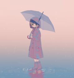  1girl boots brown_hair closed_mouth commentary_request fog from_side full_body grey_eyes grey_umbrella highres holding holding_umbrella hood hood_up hooded_coat long_sleeves looking_at_viewer looking_to_the_side mochiosamu_ron original outdoors purple_boots purple_raincoat purple_socks rain reflection reflective_liquid ripples rubber_boots short_hair socks solo standing transparent transparent_umbrella turning_head umbrella water 